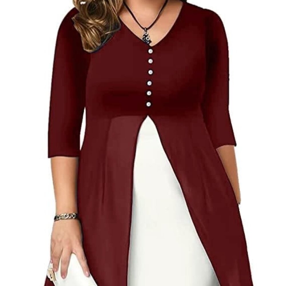 NWT XEUZOYZA 3/4 Sleeve Elegant Burgundy Chiffon Panel‎ Midi Dress Size3XL